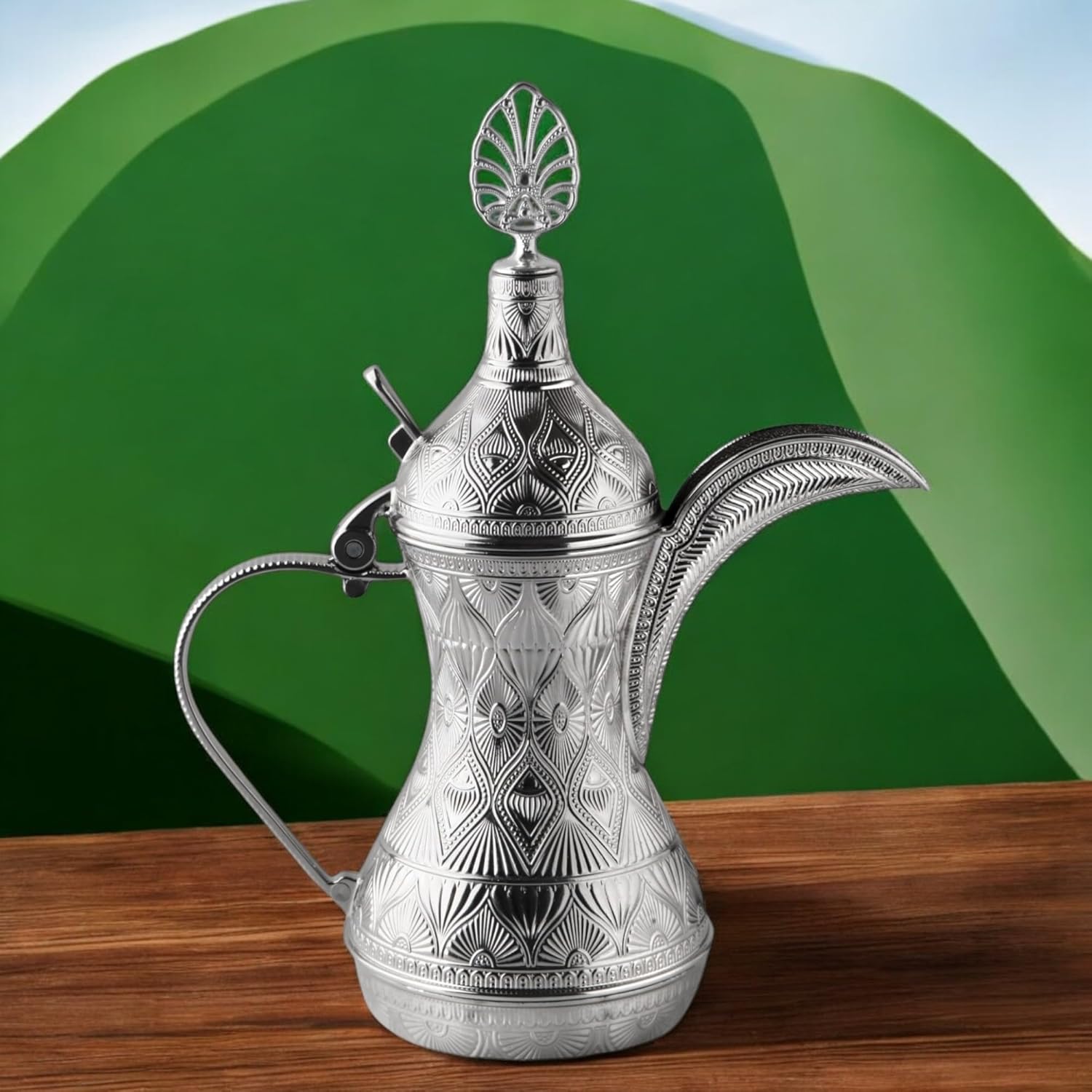 Alisveristime Decorative Zamac Dallah Pitcher – Elegant Ottoman & Middle Eastern-Inspired Metal Coffee Pot for Home Décor (9.84” x 7.87” x 3.94”) (Silver)