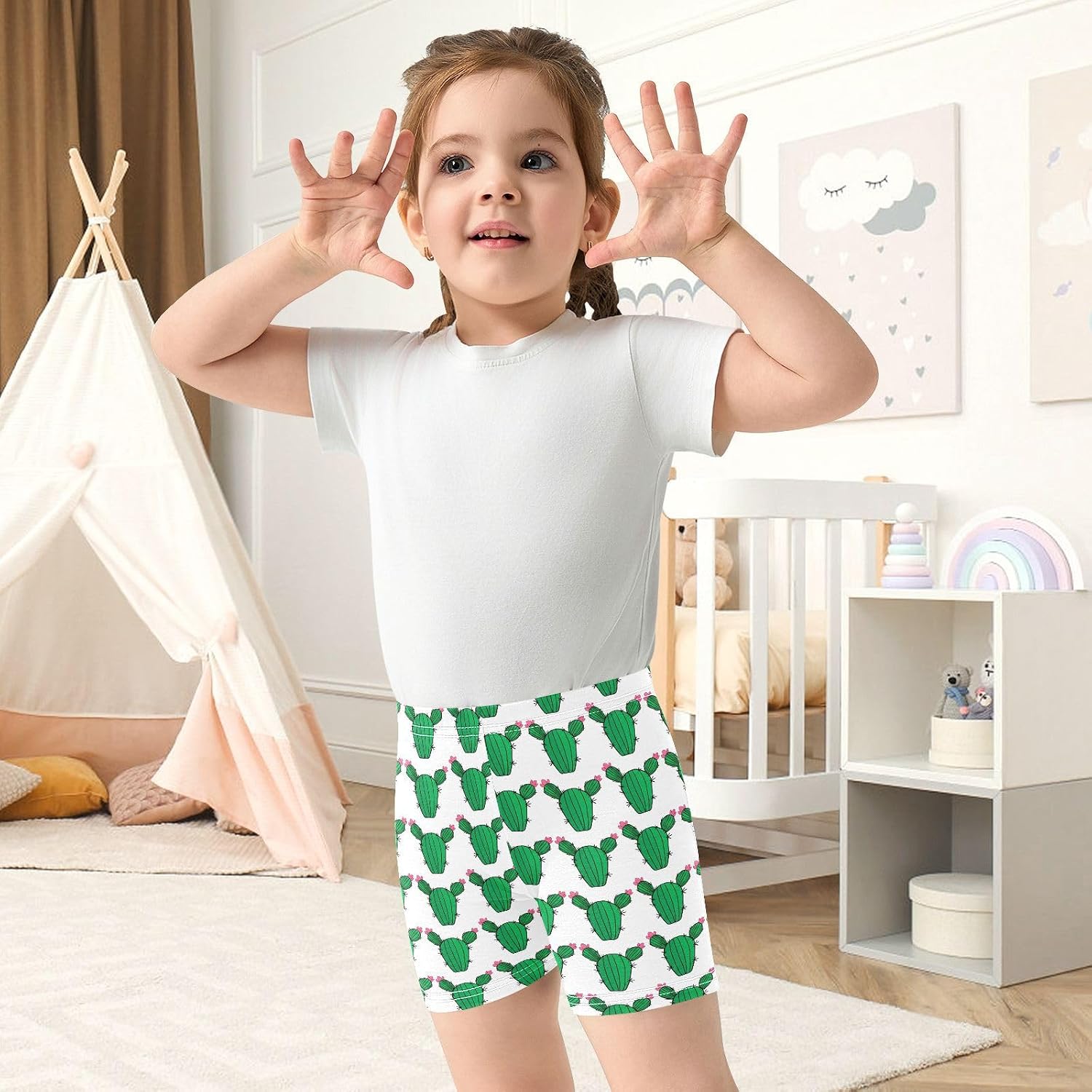 Cactus Plants White Girls Bike Shorts Toddler Soft Cotton Cartwheel Under Dress Dance Shorts