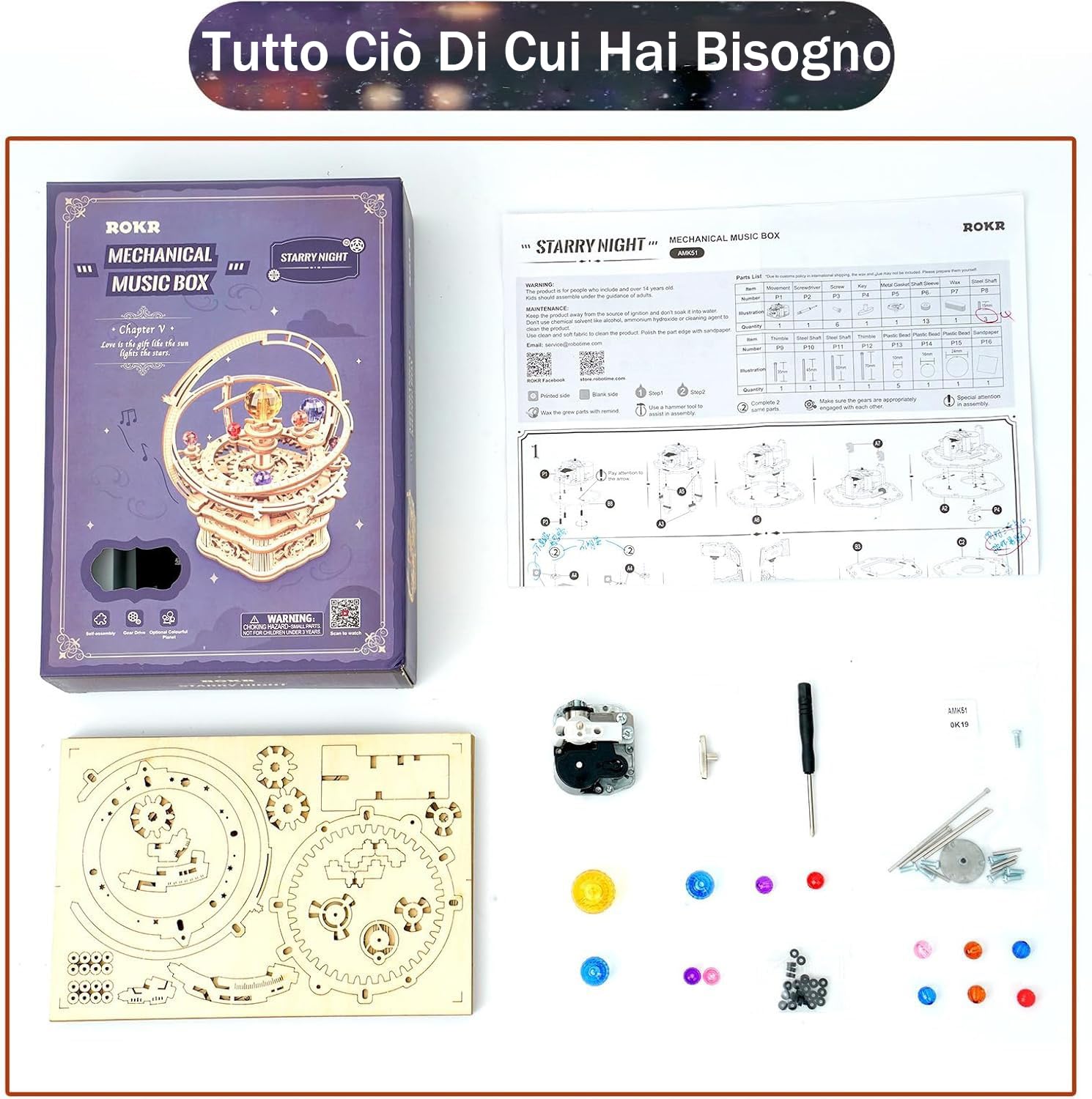 ROKR Kit Modellino in Legno 3D per Adulti Modellismo da Costruire Meccanico Musica Scatola-Starry Night