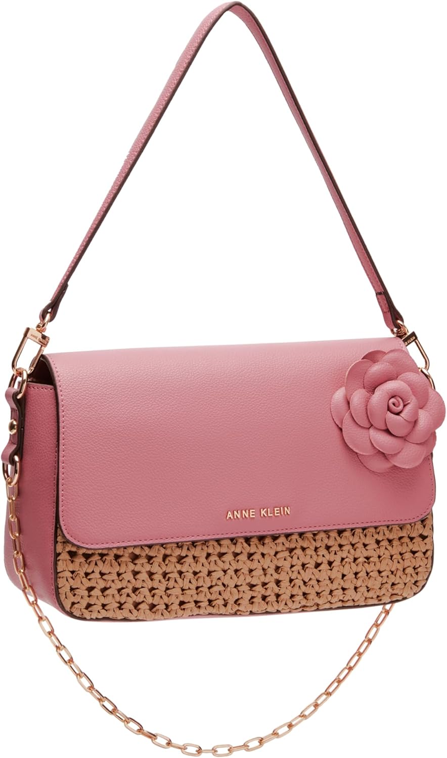Anne Klein Soft straw flap shoulder bag with floral applique