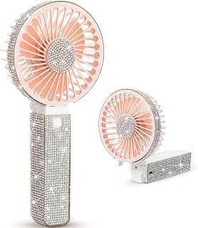 Mudder Rhinestone Handheld Fan Crystal Bling Mini Personal Fan Glitter Bedazzled Portable USB Rechargeable & Battery Operated for Girls Women Outdoor Travel Indoor Makeup Office(Pink,Foldable)