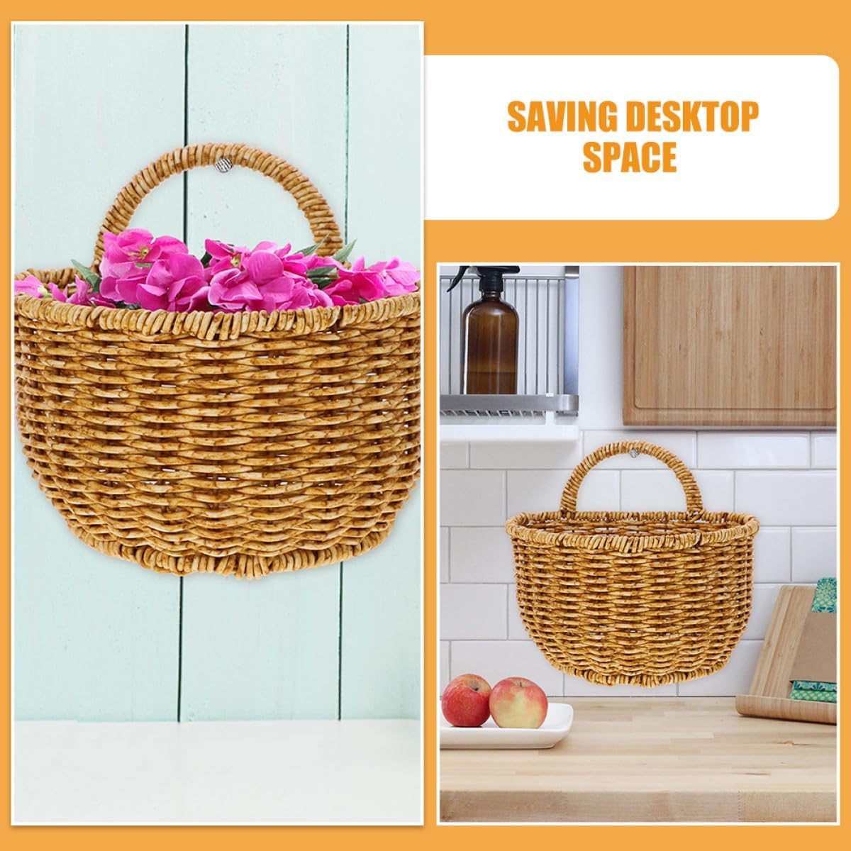 KICHOUSE Handwoven Kitchen Woven Basket Set, Hanging Vegetable and Garlic Storage Basket, Wall-mounted Woven Organizer for Kitchen Storage and Wall Hanging