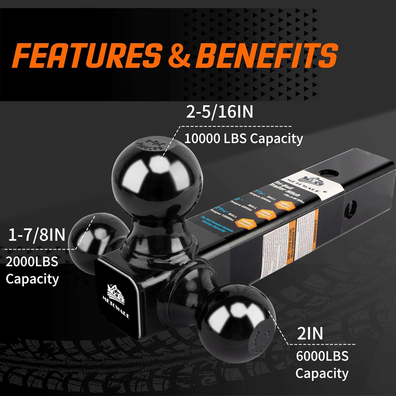 METOWARE Trailer Hitch Tri Ball Mount with 5/8" Hitch Lock, 1-7/8 Inch, 2 Inch and 2-5/16 Inch Tri Ball Hitch Fit 2 Inch Receiver, Hollow Shank Tow Hitch, Black - Image 3