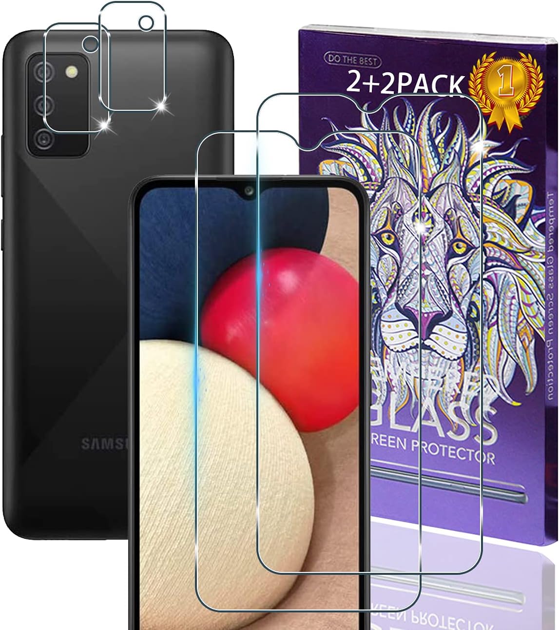【2 +2 Pack】for Samsung Galaxy A02S Screen Protector（2 Packs）+ Camera Lens Protector（2 Packs）,Samsung Galaxy A02S Tempered Glass, 9H Hardness, HD Ultra-Thin, No-Bubble Easy Installation, Anti-Fingerprint, Anti-Scratch