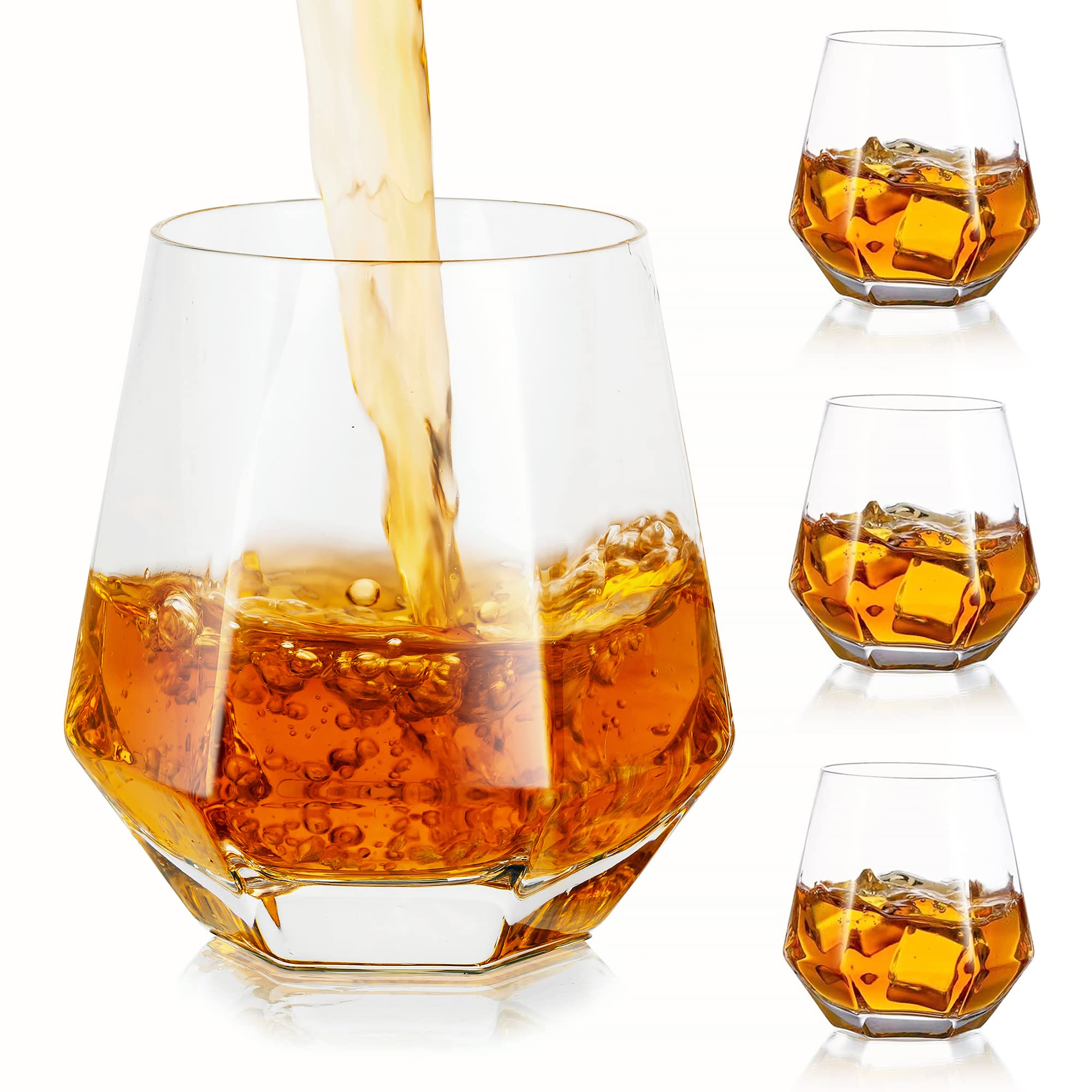 Hanobe Diamond Whiskey Glasses Whisky Glass Unique Geometric Tilted Wine Tumblers Set of 4 Crystal Old Fashioned Rock Lowball Glass for Cocktail Scotch Cognac Drinking Glassware Cups 10oz Clear