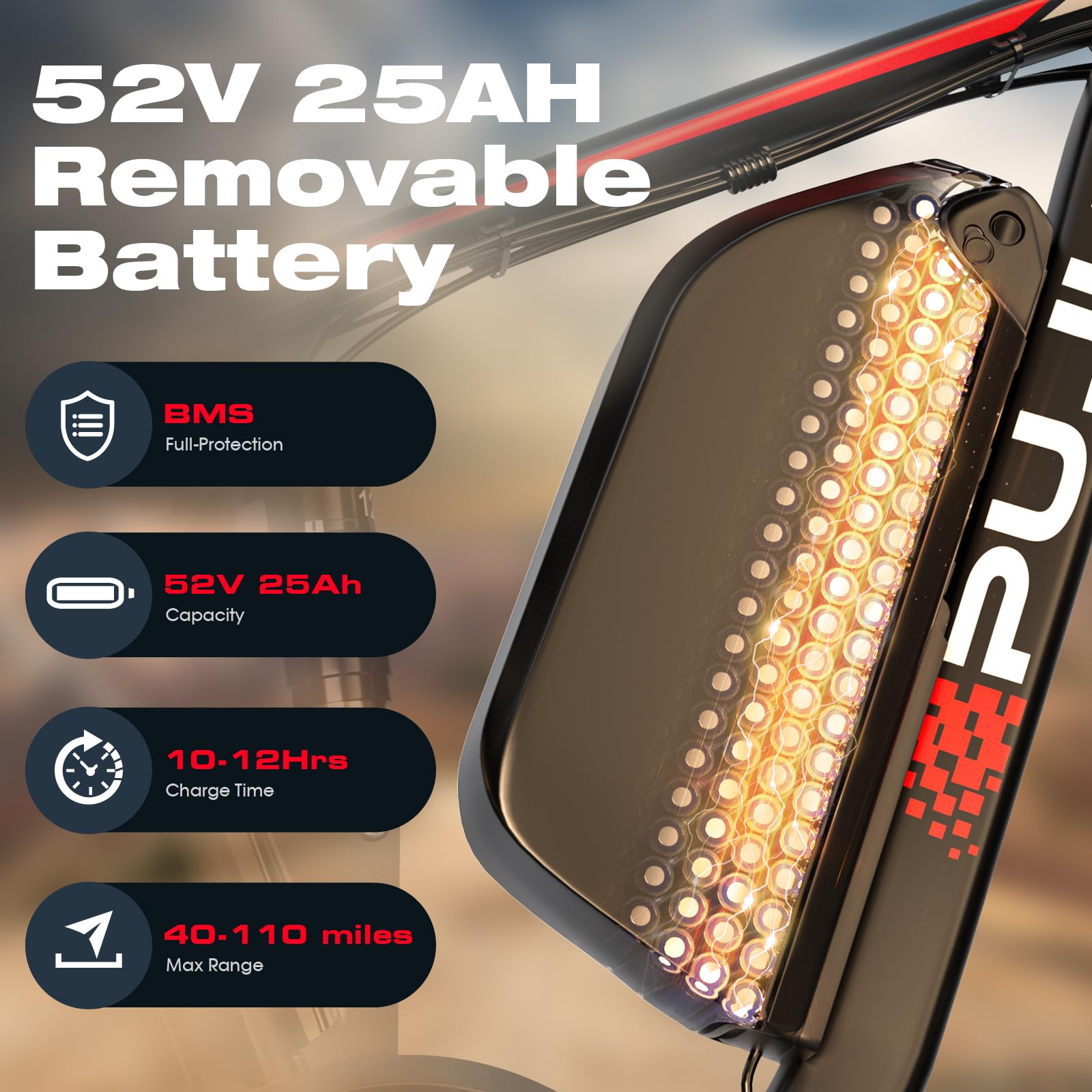 PUJH Electric Bike, 52V 25Ah 3000W Dual Motors, 26