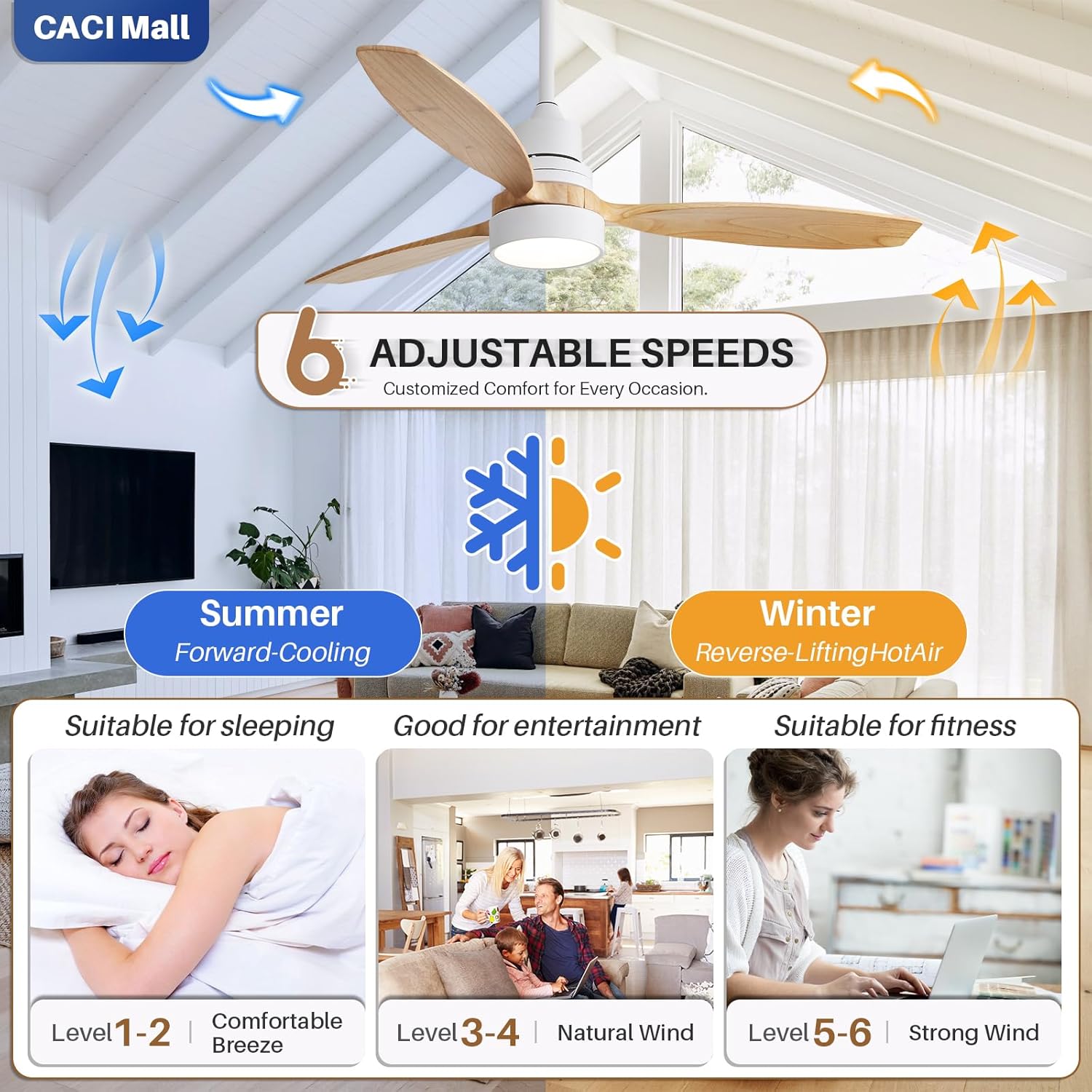 CACI Mall 52 Inch Solid Wood Ceiling Fans with Lights and Remote, Walnut, 3 Natural Wood Blades, Modern, Dimmable, Quiet, Indoor Outdoor Ceiling Fan for Patios, Living Room, Bedroom Porch, farmhouse