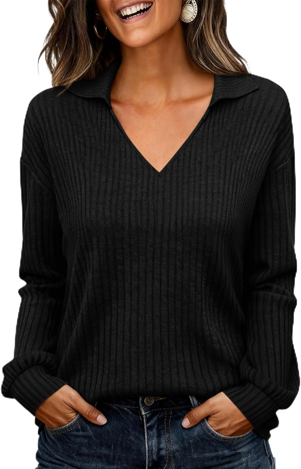 KIRUNDO Long Sleeve Shirts for Women 2025 Fall Fashion Outfits Going Out Tops Collar V Neck Blouses Ribbed Knit Loose Tunic
