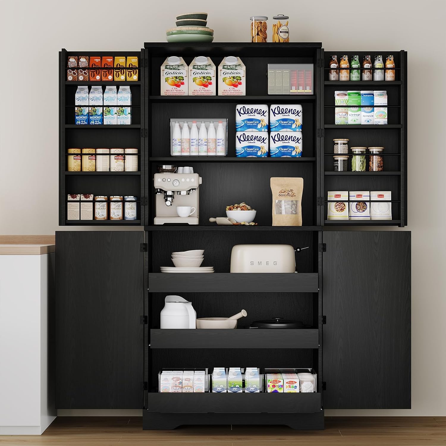 72" Kitchen Pantry Storage Cabinet, Kitchen Pantry Cabinet with Barn Door, Storage Cabinet with Drawers & Adjustable Shelves, Pantry for Kitchen, Dining Room, Black