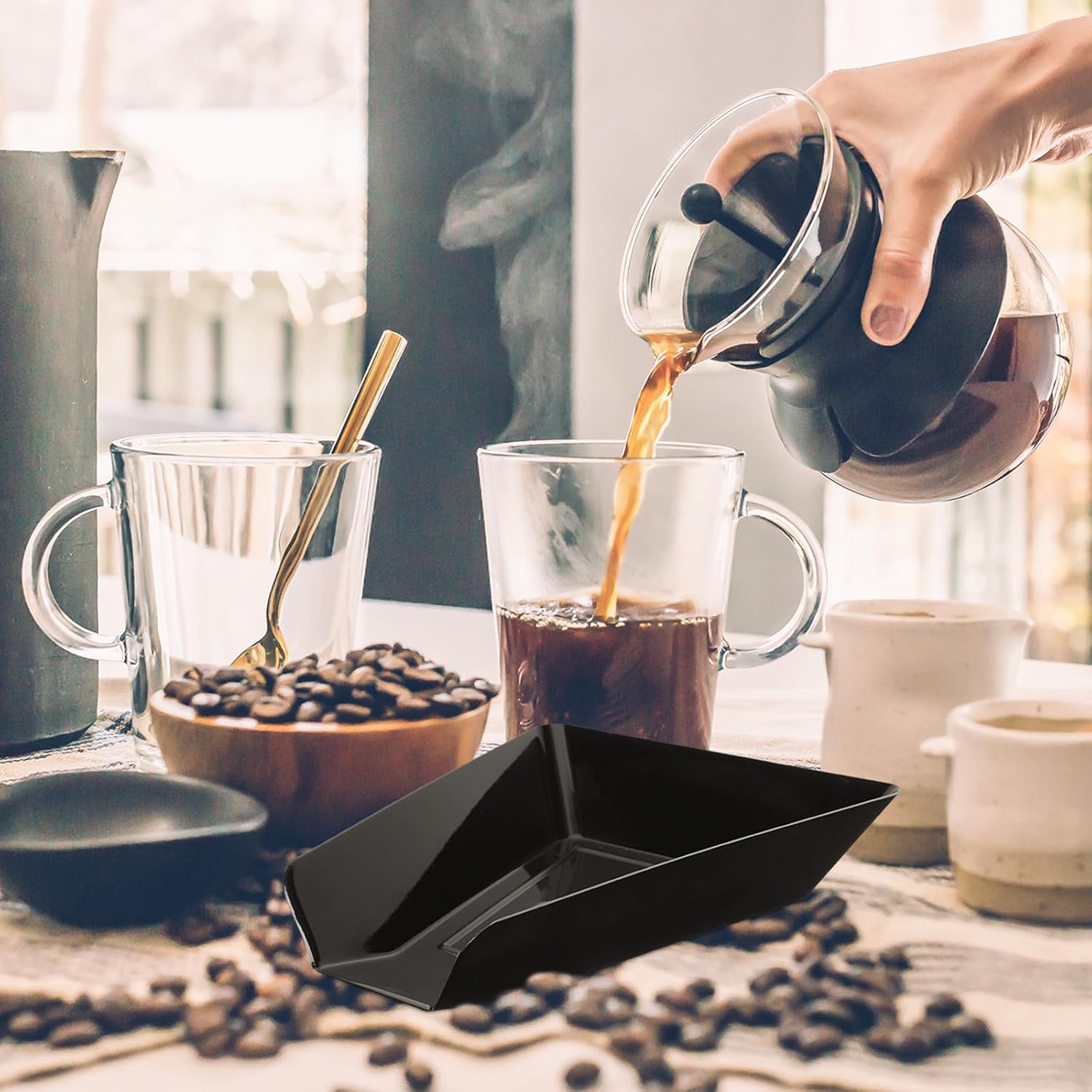 2pcs Coffee Beans Storage Tray Reusable Plastic Display Plate Black | Slope Design, Thick Stable Base, Bean Shovel Use, Flexible Handling for Roasting, Measuring, Cafe Service