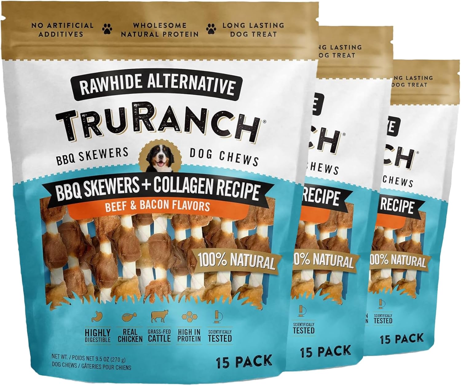 TRURANCH 5" BBQ Collagen Skewers - Collagen Dog Chews - Long Lasting Healthy Joint Support - Rawhide Alternative - Skin & Coat Health, Value Pack, 3 Bags, 45 Count