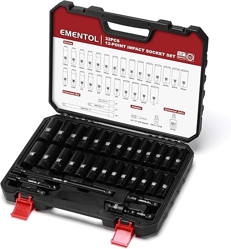 Miniatura 7 de EMENTOL Juego de 32 llaves de vaso de 12 pulgada, enchufes de impacto profundo, SAE (38"-1") y métricas (0.394-0.945 in), incluyendo barras de