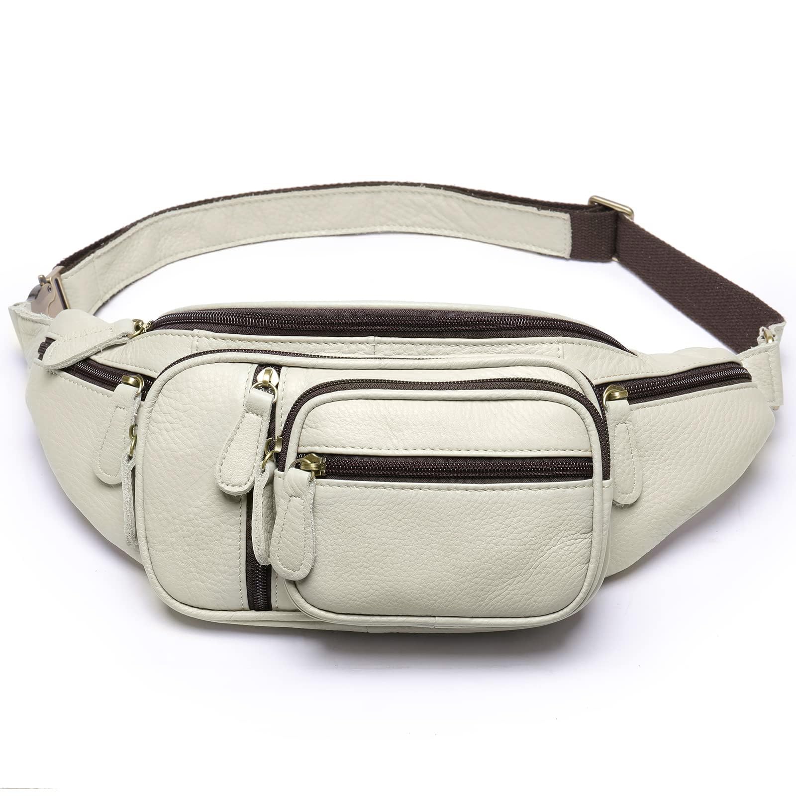 Genuine Leather Fanny Pack large capacity Crossbody Waist Bag with Zipper phone Pockets white