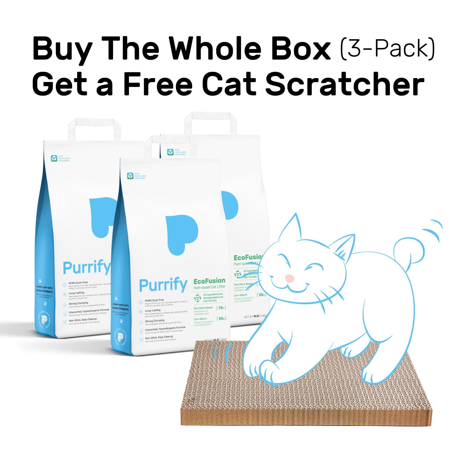 EcoFusion - Arena para gatos, paquete de 3 (8 libras cada uno), mezcla de tofu y maíz, cero polvo, cero desorden, 99.8% libre de polvo, 98% de control de olores, aglutinación rápida