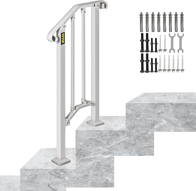 BuoQua Stair Handrail Picket 1 or 2 Steps Handrail Picket #1 handrails for Outdoor Steps with Installation Kit for Outdoor Steps Stair Handrail Wrought Iron Stair Railing White