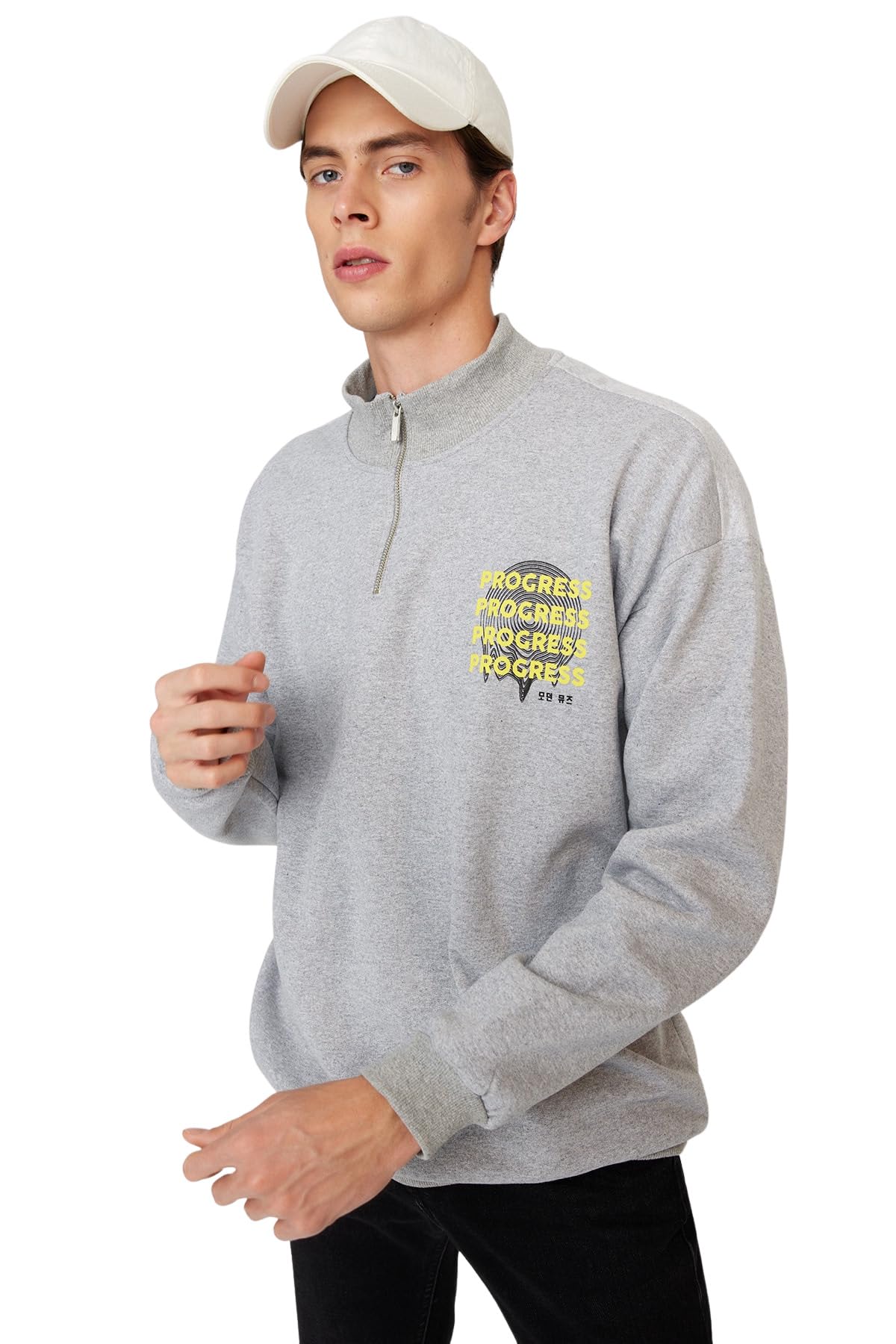 Trendyol Herren Grau Motto Lange Ärmel Übergroß Sweatshirts