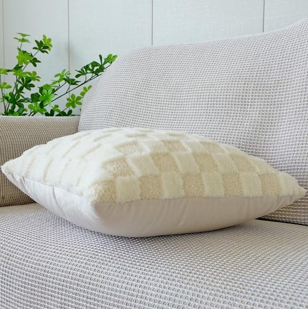Pack of 2 Soft Plush Faux Fur Throw Pillow Covers 18x18 Farmhouse Decorative Checkered Jacquard Pillow Covers for Couch Sofa Holiday Spring Home Decor Ivory x2 - Image 5