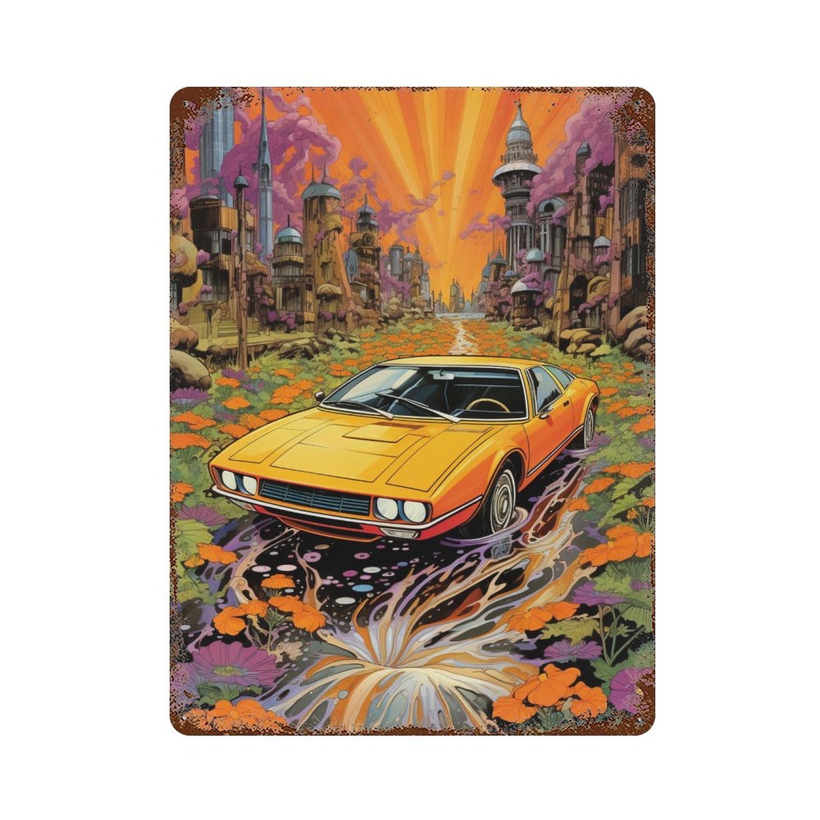 Rust Effect Cityscape with Retro Car Rustic Tin Plaque 15.7"x11.8", Classic Wall Plaque for Shed, Workshop And Garage Wall Decor