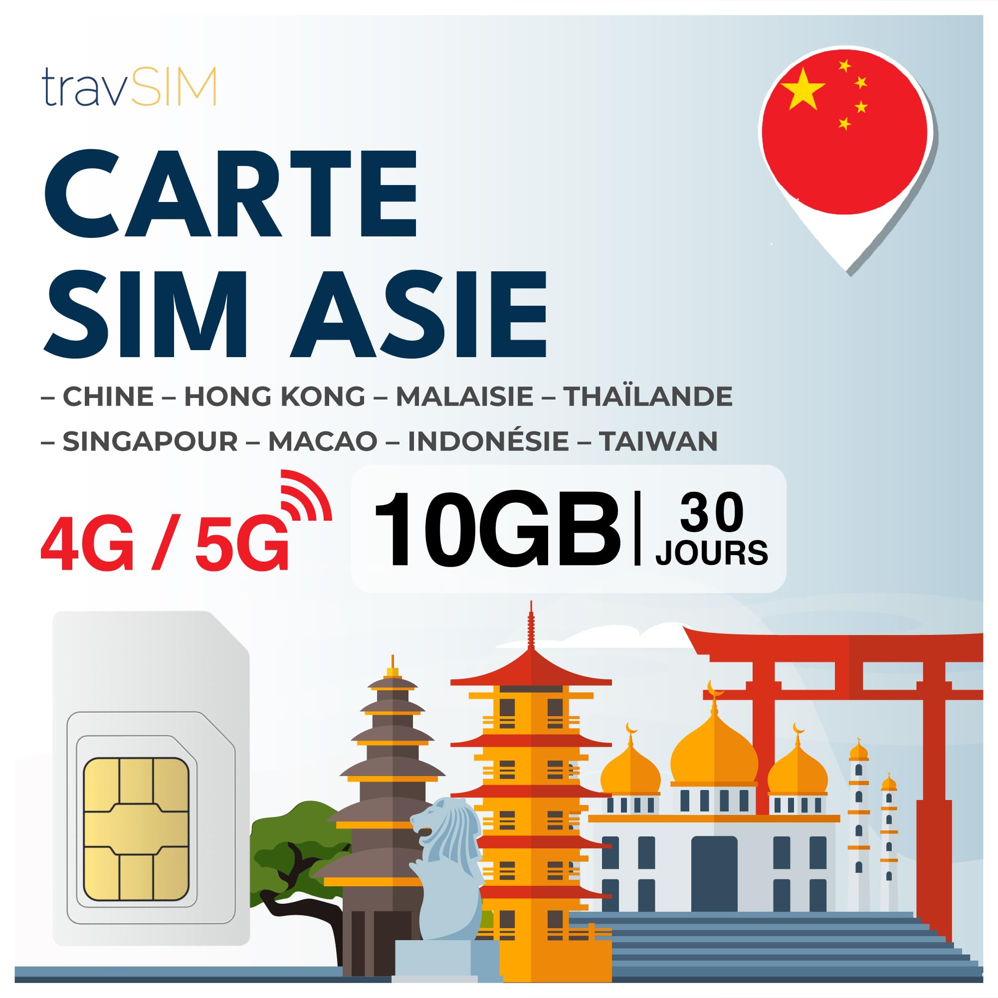 travSIM Carte SIM Asiatique | 30 Jours – 10 Go | Carte SIM Asie, Utilisation à Macao, Chine, Hong Kong, Malaisie, Thaïlande, Singapour et Plus | Accès à Google, Facebook, Whatsapp et Plus | Pas de