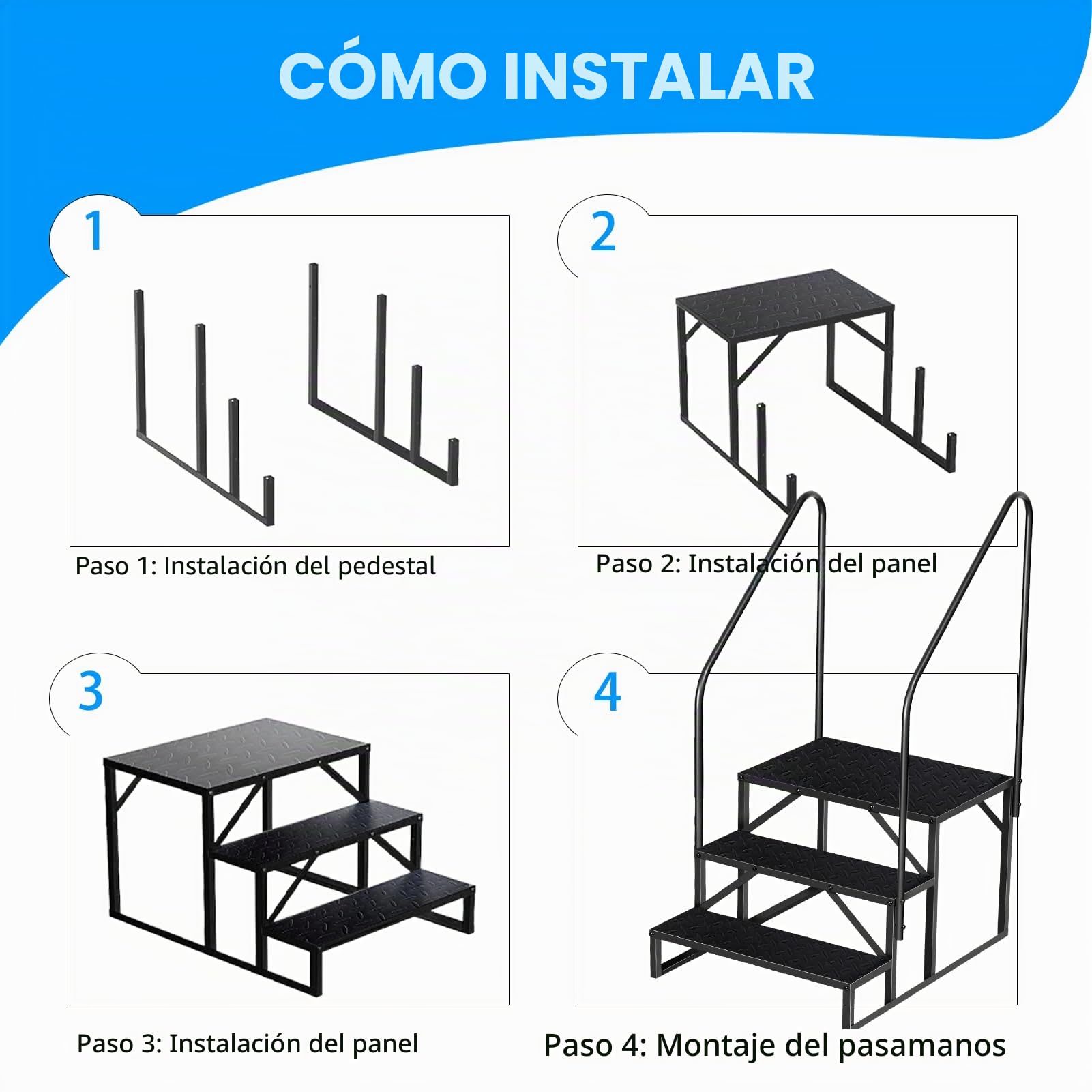 Escalera 3 peldaños con 2 Asa, Eescadote Antideslizante para Autocaravana, Estanteria Escalera Litera Caravana de Acero máx 300 kg