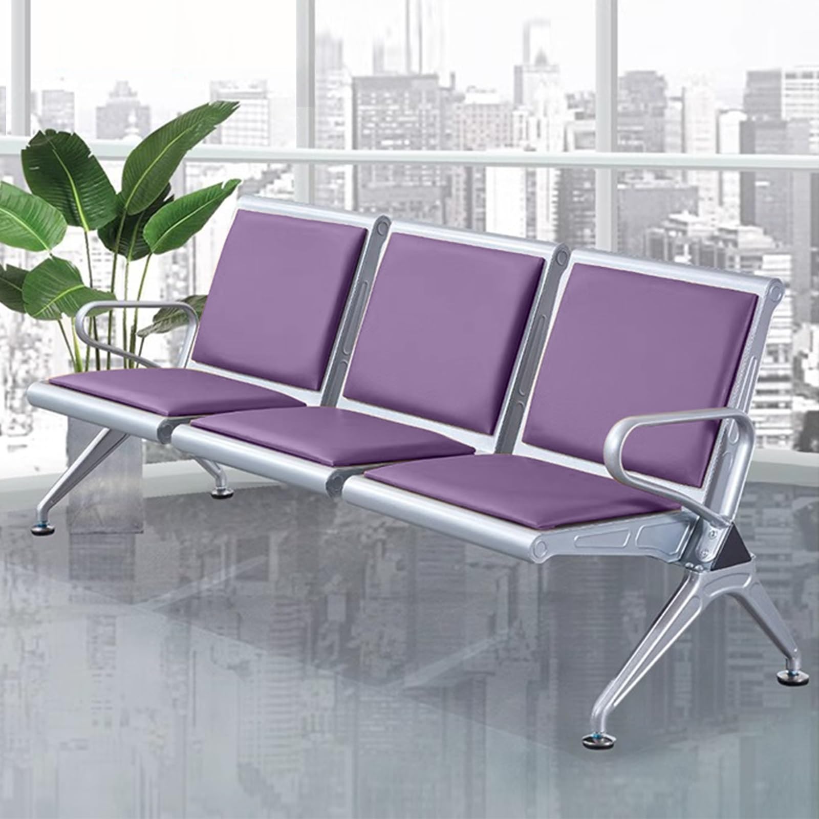 AYCDL 3-Seat Waiting Room Chair Airport Reception Bench with Backrest and Armrests Faux Leather Office Reception Seat for Bank School Lobby,Brown,Purple