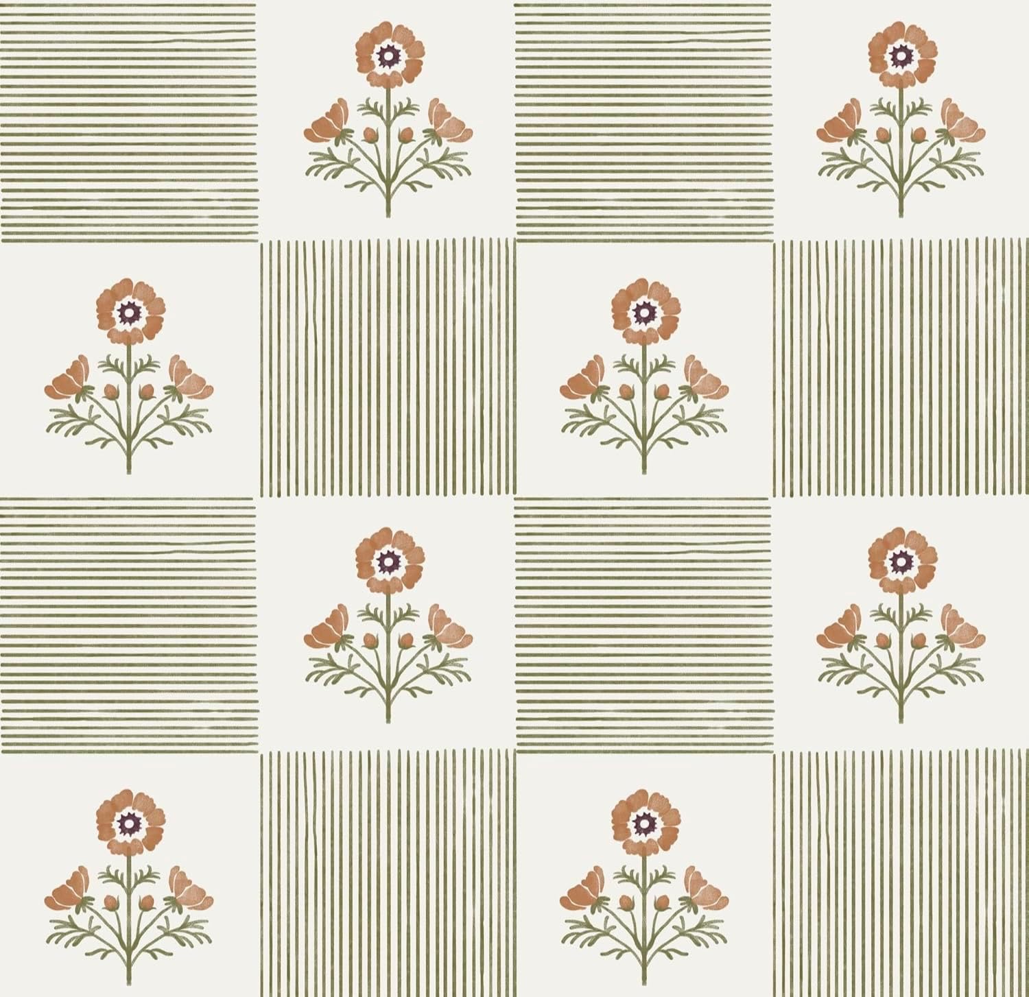 Guvana Green Floral Peel and Stick Wallpaper Vintage Floral Wallpaper Boho Wall Paper Removable Modern Contact Paper Vinyl Self Adhesive for Bedroom Bathroom Kitchen Livingroom Covering 17.3"×78.7"