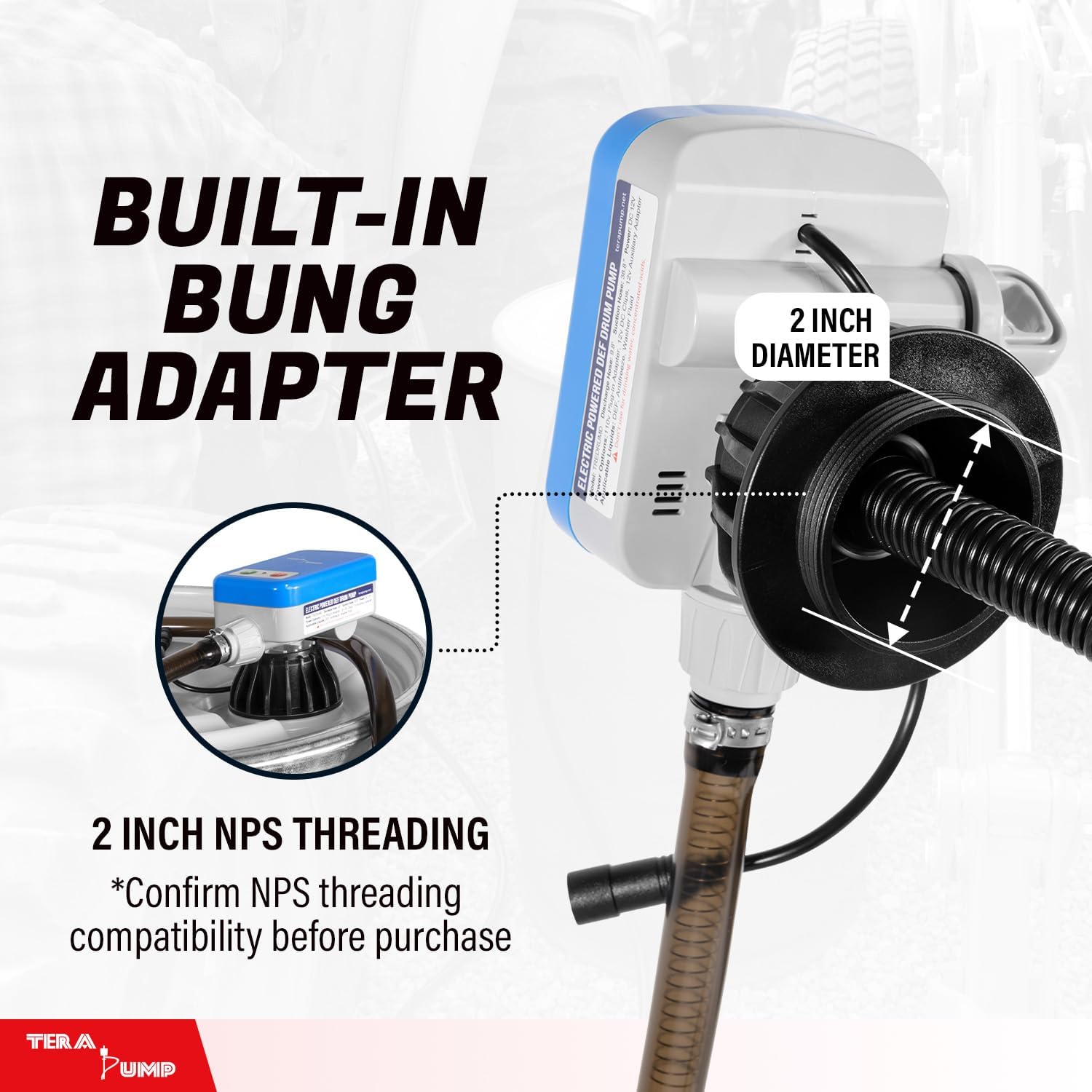TERA PUMP - Electric Powered 55 Gallon Drum Barrel Pump | Quick Stop Flow Control Nozzle, 9.8-ft XL Heavy-Duty Vinyl Hose, 39" Flexible Intake Hose, for DEF, Antifreeze, Washer Fluid (2.4GPM)