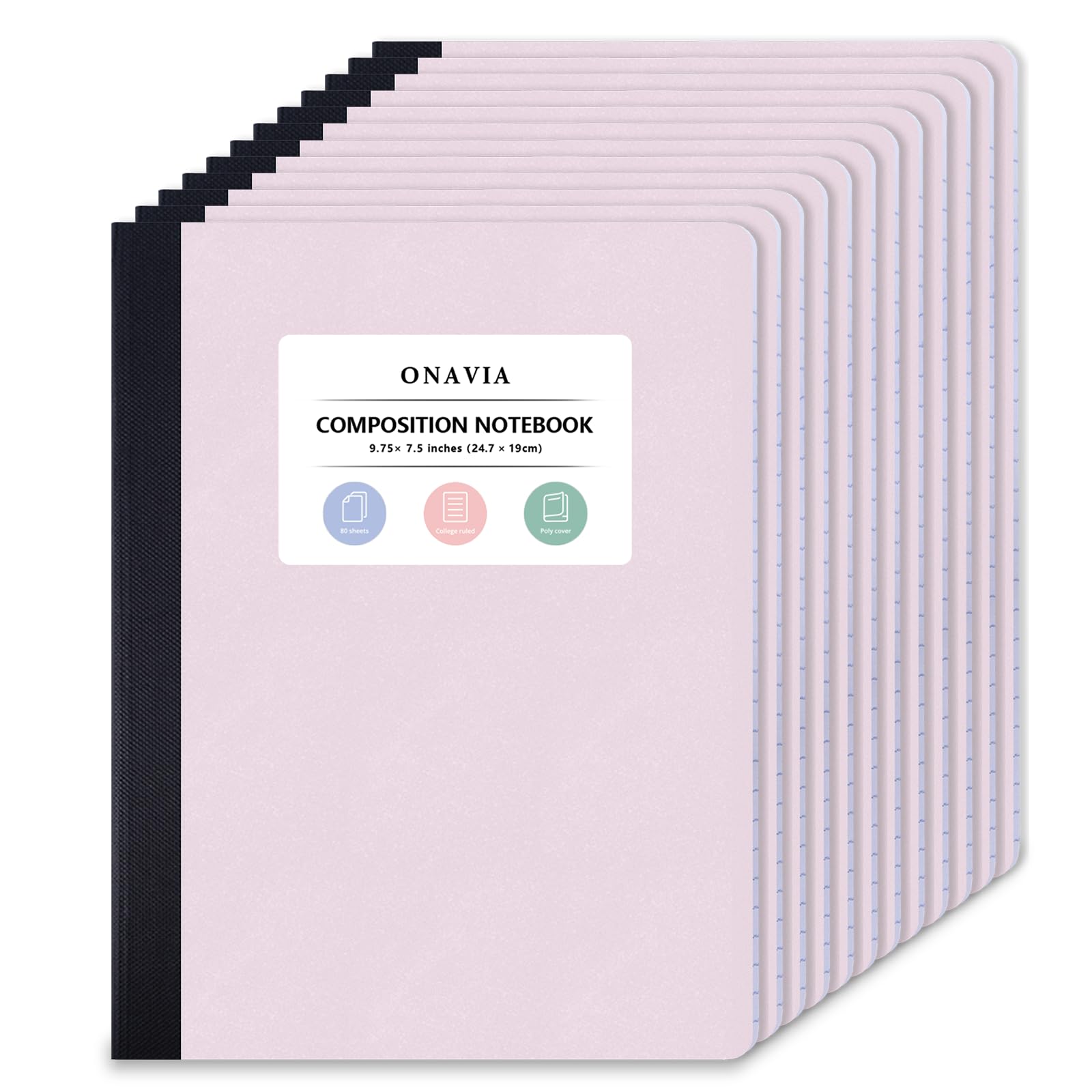 ONAVIA Confezione da 12 quaderni per la scuola, a righe da college, 24,5 x 19,8 cm, 80 fogli ciascuno, rilegatura cucita, quaderni scolastici sfusi, rosa