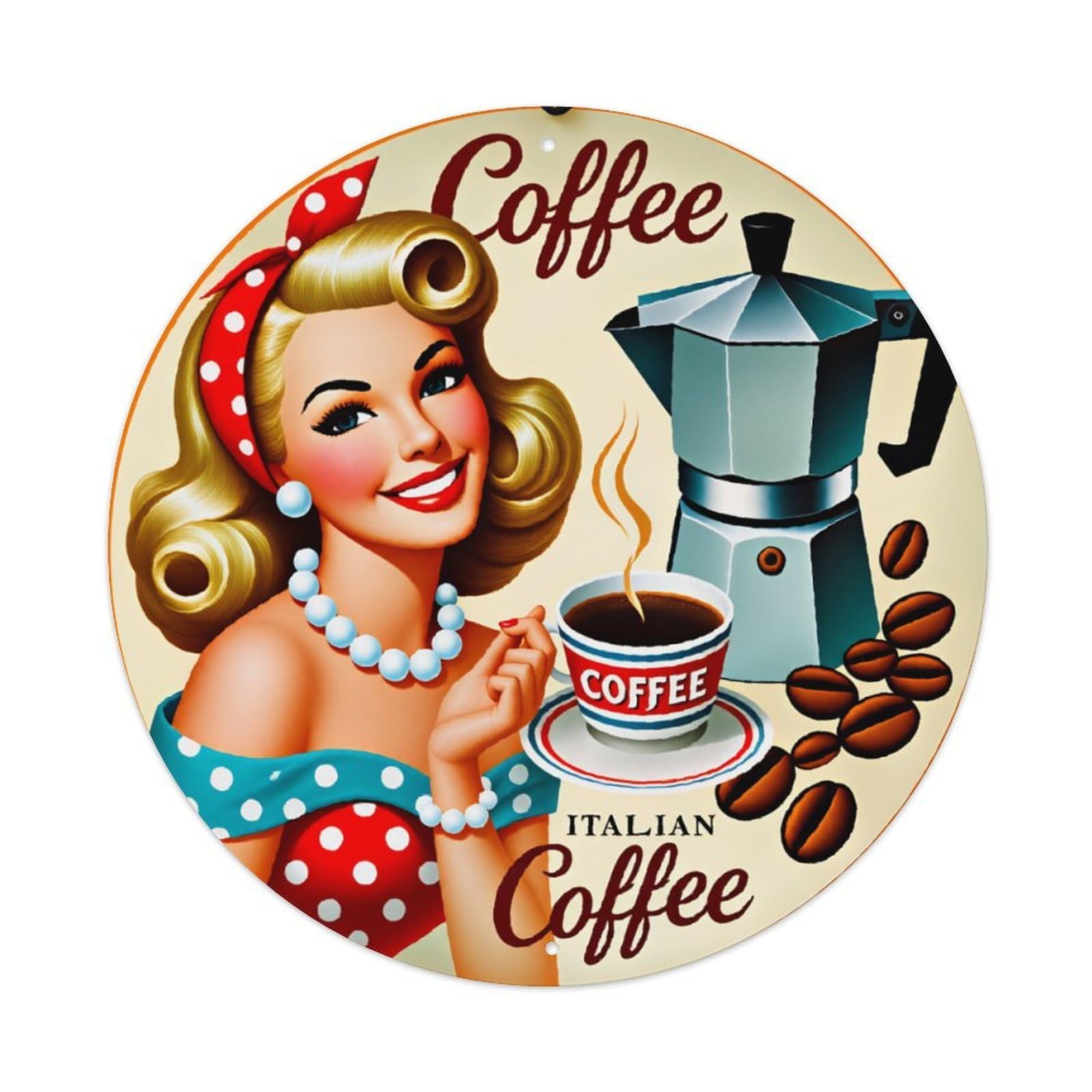 Vintage Italian Coffee Pin-Up Girl Sign Vintage Aluminium Metal Sign, Retro Wall Decor for Home, Bar, Garage & Farmhouse 20x20cm