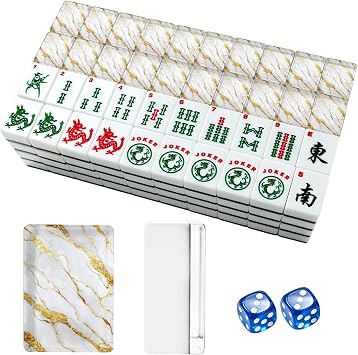 American Mahjong Tile Set White Gold Marble Luxury wall Shine Golden line Abstract 166 Acrylic Mahjong Tiles 1.4" Large Mahjong Game Set with Bag and Accessories for Gift Travel Party