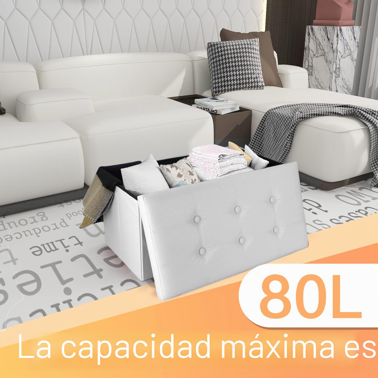 Todeco Taburete para Almacenaje Plegable Baúl Puff, Talle Grande Capacidad Banco Almacenaje Baul Almacenaje Otomano-Carga máxima: 150 kg-Material: Imitación de Cuero, 76 x 38 x 38 cm, Blanco