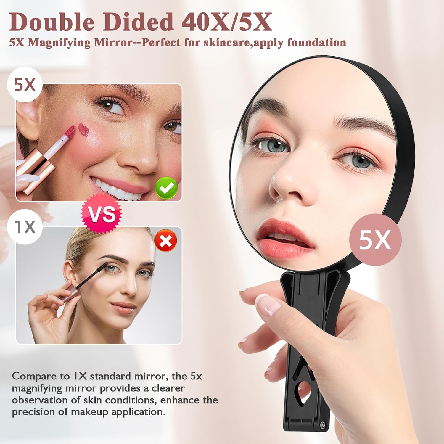 Magnifying Mirror 40X/5X Double Sided Hand Mirror, Precision Makeup at 40X Magnification & Overall View at 5X，Travel Handheld Magnified Makeup Mirror with Handle & Table Stand, Vanity Cosmetic Mirror