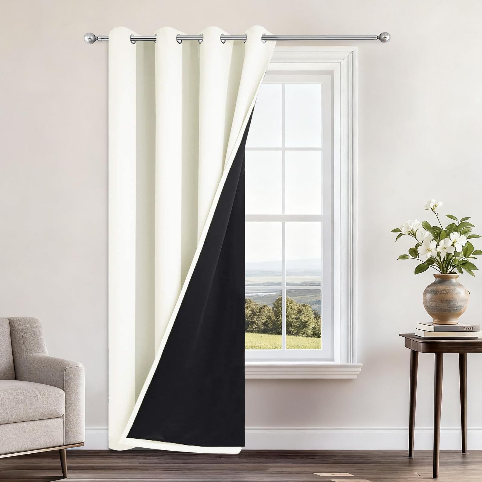 Yakamok 100% Blackout Curtains 96 Inches Long, 2 Thick Layers Heat and Full Light Blocking Soft Thermal Insulated Drapes for Bedroom(52" Wide Each Panel, Cream, 1 Panel) — image 1