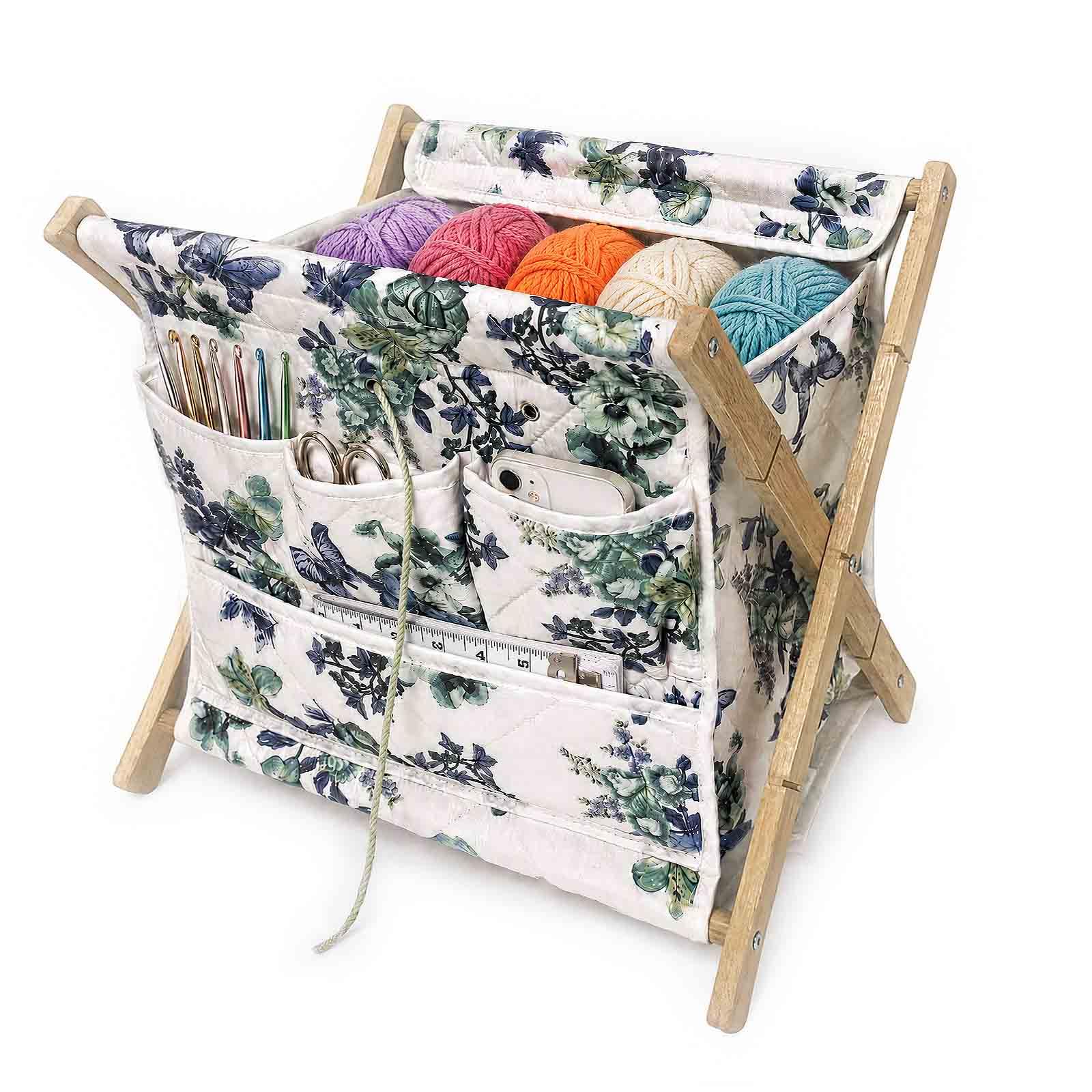 Gkesgm Yarn Caddy Organizer with 6 Thread Holes | Bamboo Quilted Padded Knitting Storage Basket for Crochet Hooks, Knitting Needles, and Craft Accessories