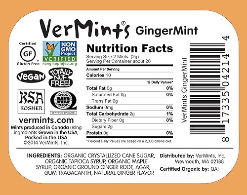 Miniatura 10 de VerMints Organic Breath Mints sabor a gaulta, todo natural, sin OMG, sin nueces, sin gluten, vegano, KSA Kosher, paquete de 6, latas de 1.41 onzas