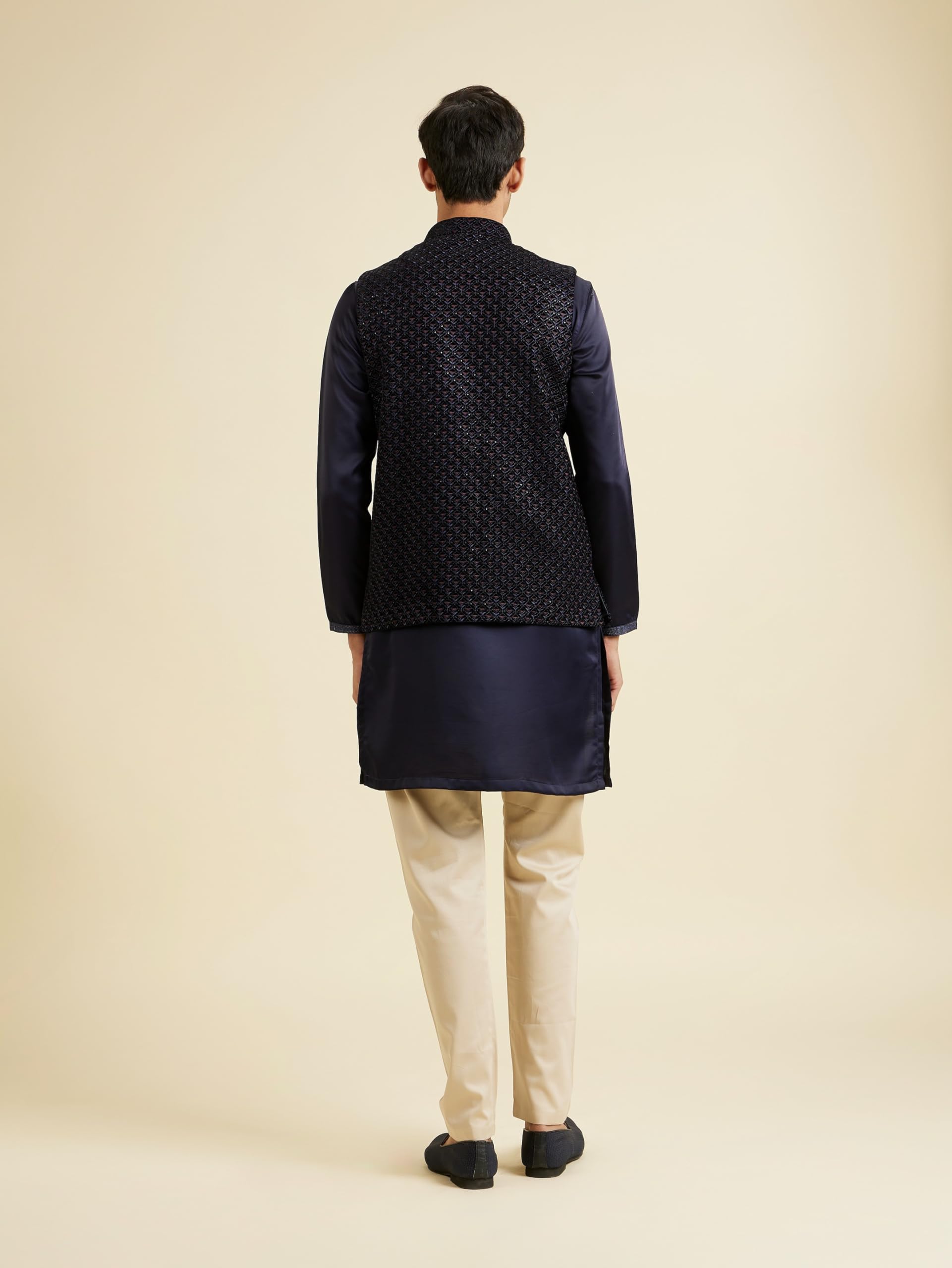 Manyavar Men's Velvet Embroidered Traditional Nehru Jacket(Dark Blue,M) 3