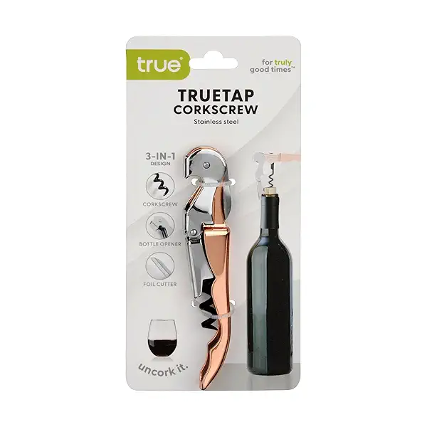 True Truetap Double Hinged Waiter's Corkscrew Wine Opener, Stainless Steel Wine Bottle Opener with Built In Foil Cutter, Home Bar Tools, Bar Cart Accessories, Wedding Gifts, Set of 1, Rose Gold 9