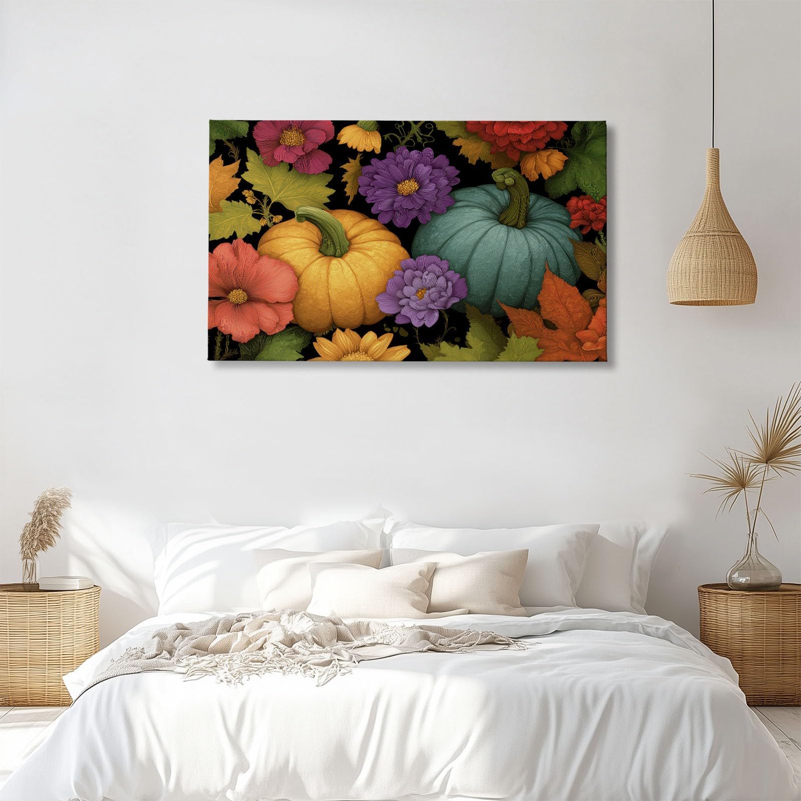 Generisch Herbstblätter Lebensmittel Kürbis Blumen Modernes Leinwandbild 120L x 60B cm mit Rahmen, Vintage XXL Wanddeko für Wohnzimmer Geschenk Idee Einzug - Hochwertiger Kunstdruck auf Holzrahmen