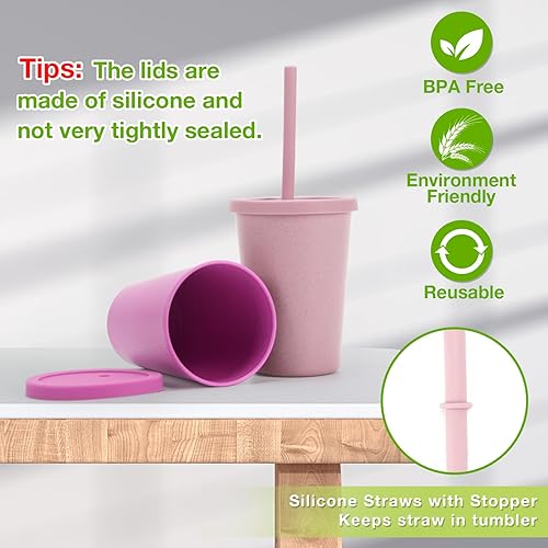 Miniatura 4 de Mfacoy Paquete de 4 vasos de paja de trigo con tapa y pajitas, vaso irrompible de 10 onzas para niños, vasos reutilizables para agua, vasos