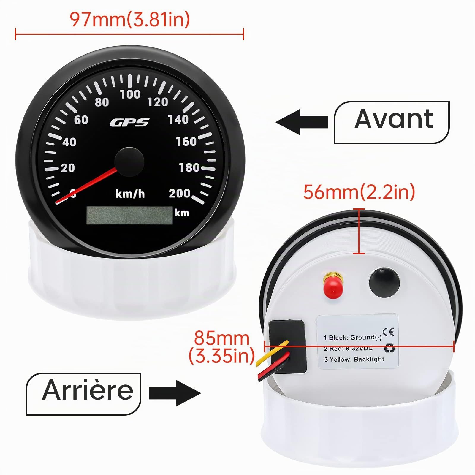 Compteur de vitesse GPS 85 mm 0-200 km/h, rétroéclairage 7 couleurs, compteur kilométrique, moto, marine, bateau, voiture, camion