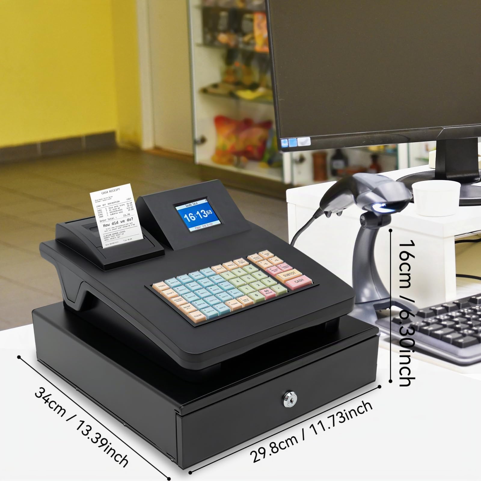 Caja Registradora Electrónica para Pequeñas Empresas, Sistema POS Comercial de 48 Botones con Pantalla LED Digital, Cabezal de Impresión Térmica, para Supermercados, Centros Comerciales