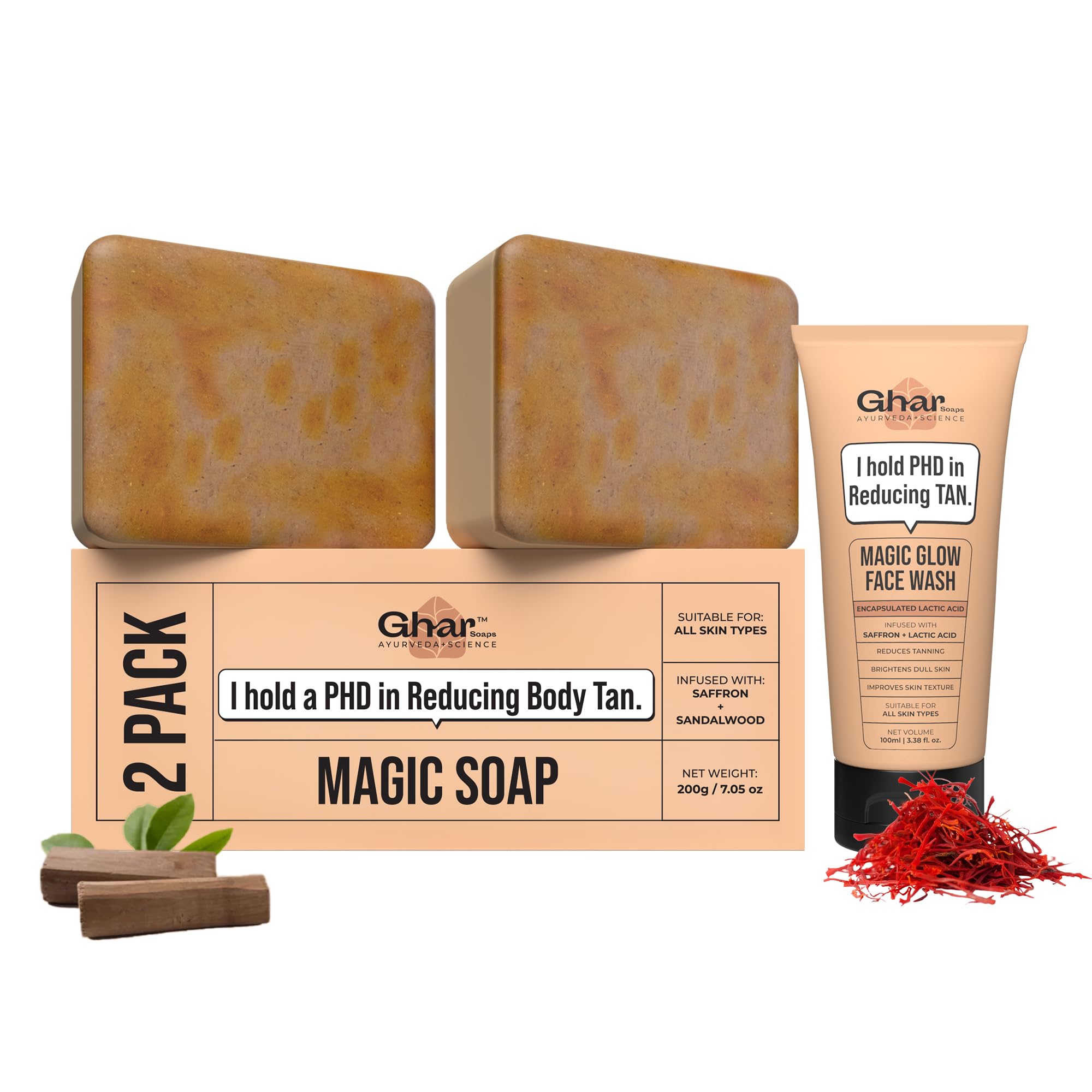 Ghar Soaps Magic De-Tan Face Wash & Sandalwood Saffron Bath Soap Combo Pack of 2 | With Sandalwood, Saffron & Glutathione | Tan Removal, Skin Brightening & Glowing Skin | Handmade & Paraben-Free | For Men & Women