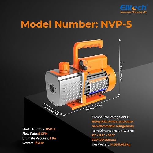Elitech Vacuum Pump 5CFM 2L/S 1/3HP Single-Stage Rotary AC Vacuum Pump for HVAC Refrigeration Air Conditioner Systems, No Oil NVP-5 - 6