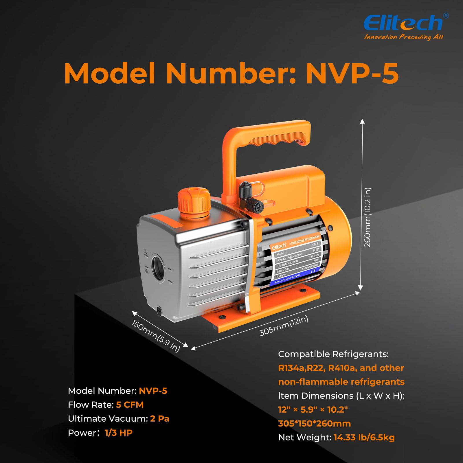 Elitech Pompa del Vuoto Condizionatori NVP-5 2L/S 1/3HP Pompa a Vuoto Rotante Monostadio per HVAC Raffreddamento Manutenzione Condizionatori Auto Compatibile con R32 R134a R410a