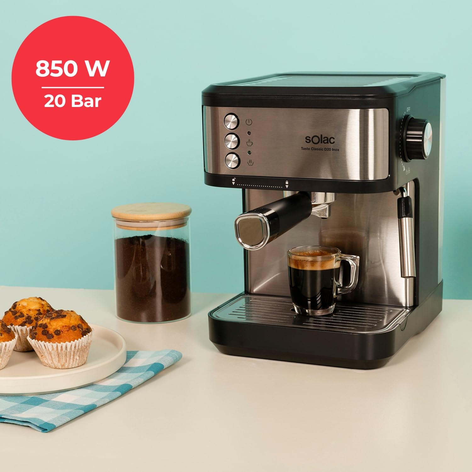 Solac – Cafetera Espresso Taste Classic D20 Inox | 850W | Presión 20 bares | Depósito 1,8L | Brazo 1 y 2 salidas | Vaporizador | Superficie Calienta tazas | Apagado automático