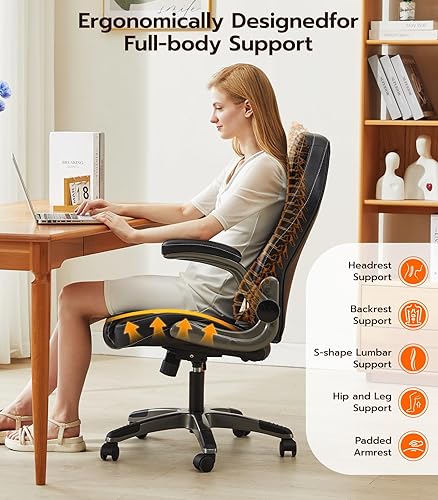 Miniatura 5 de Silla de escritorio de oficina, silla ergonómica para computadora con brazos abatibles acolchados y soporte lumbar ajustable, silla ejecutiva de