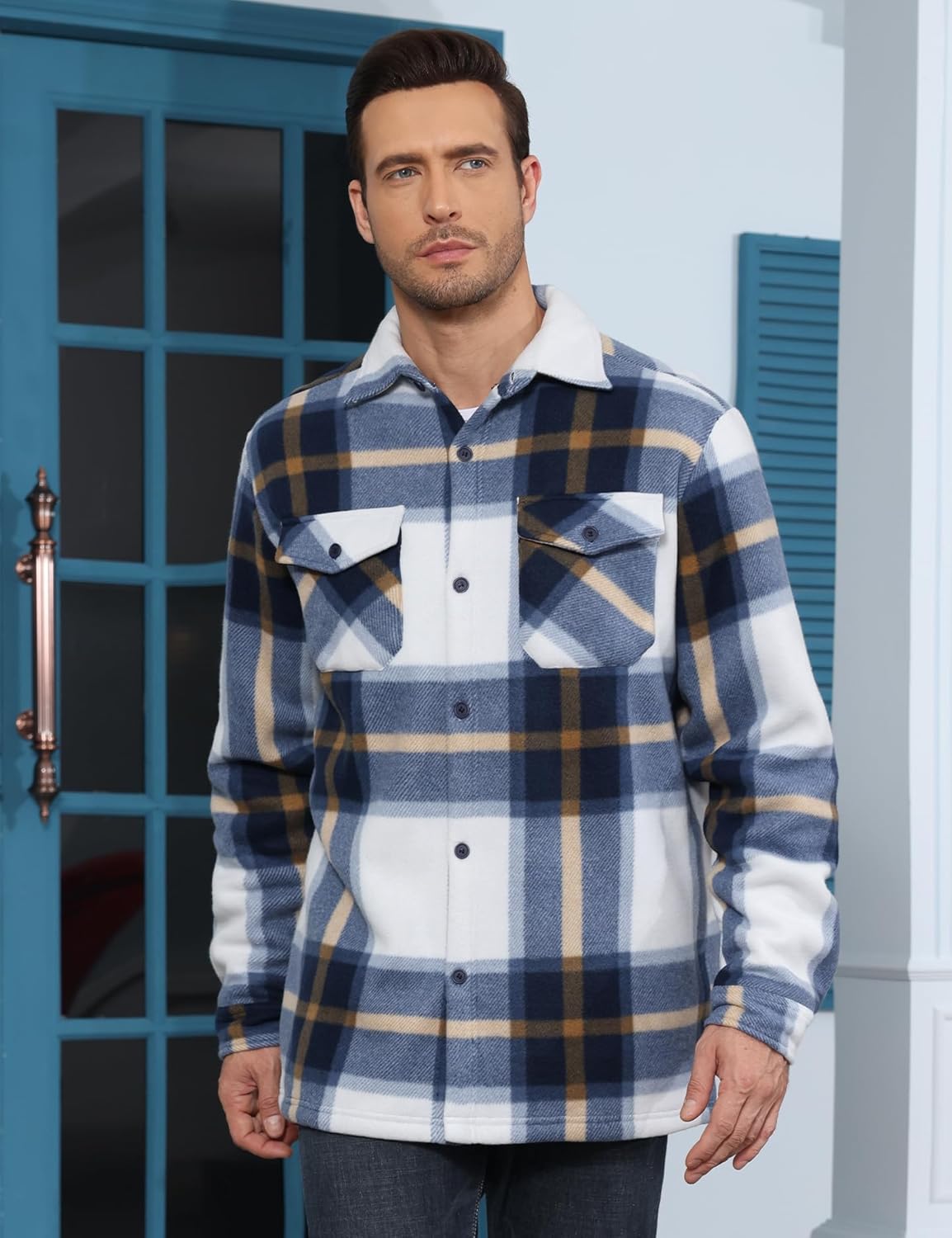 Men's Flannel Jacket Sherpa Lined Casual Button Up Plaid Jacket Long Sleeve Fleece Shacket with Pockets - Image 2