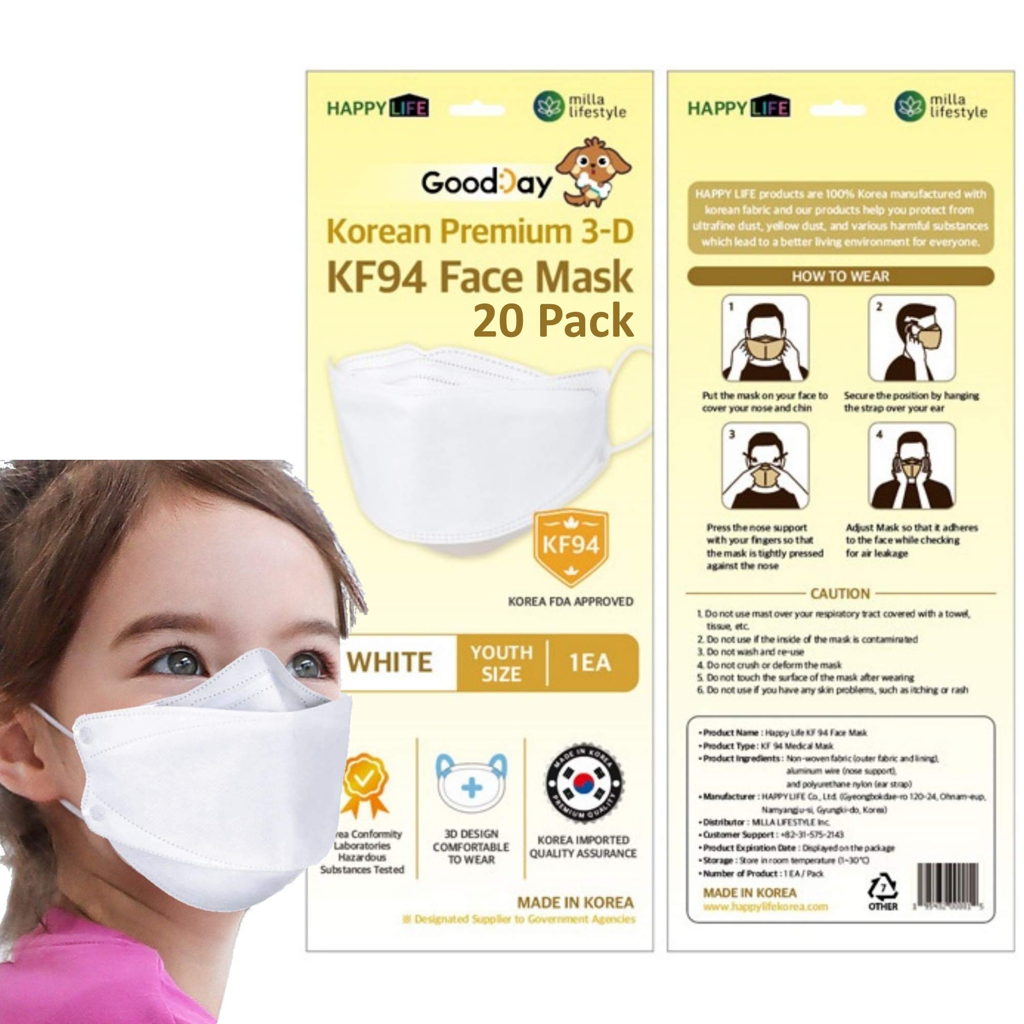 (20 PCS) KF-94 Kids White Face Mask, Individual Pack Youth Age 5-15 old, 4-Layer Filters Disposable, Made in Korea