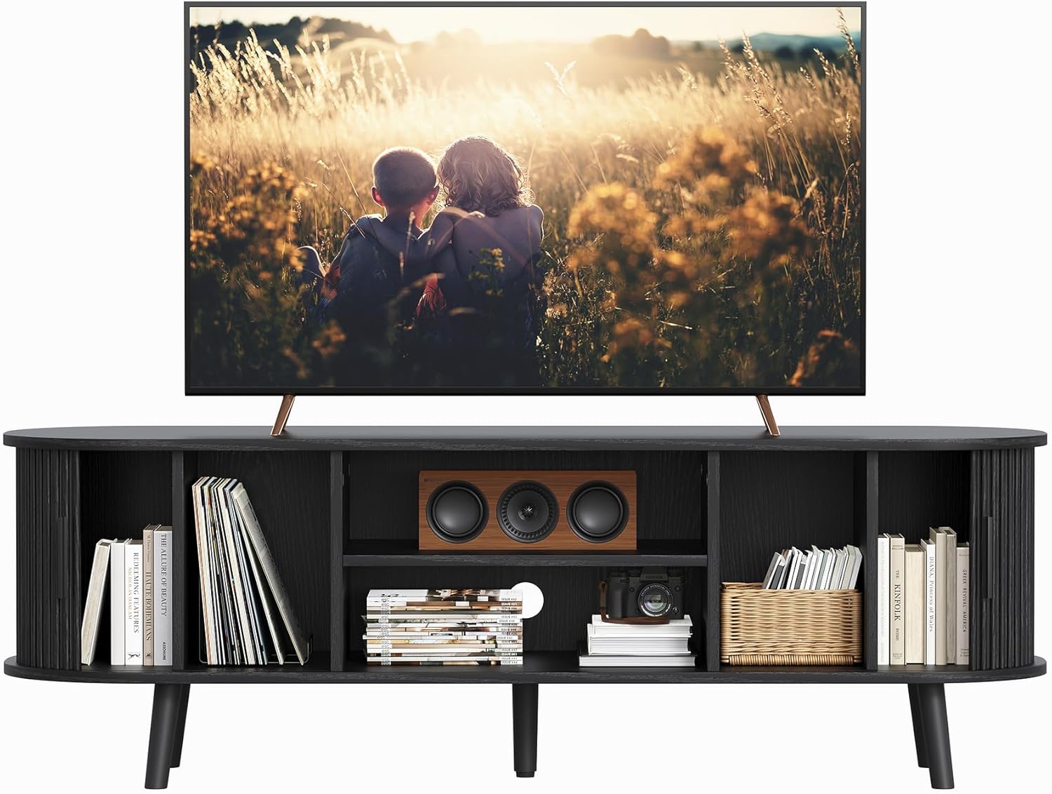 ChooChoo Mid Century Modern TV Stand for TVs up to 60 Inch, Entertainment Center with Fluted Sliding Doors and Hidden Storage, TV Console with Adjustable Shelf for Living Room, Bedroom, Black