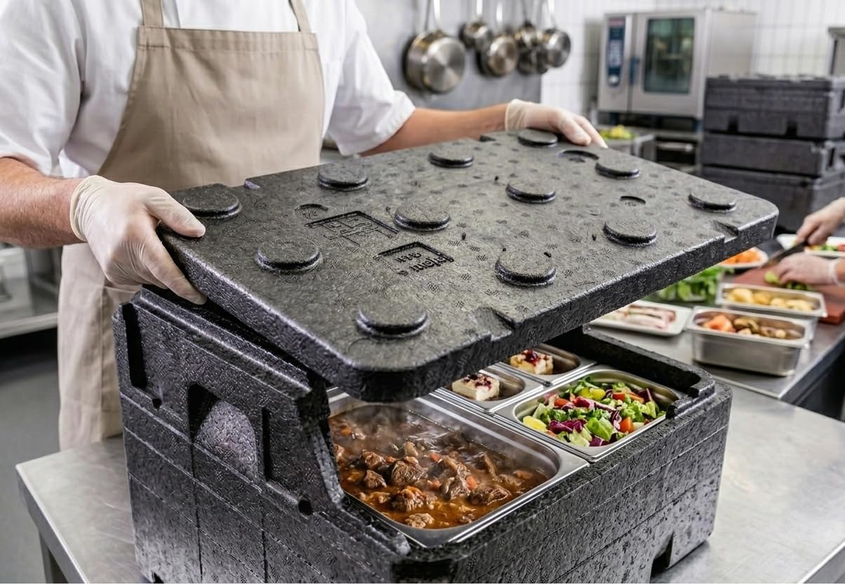 2er Set Piocelan Thermobox 47,6 L Schwarz – Profi Isolierbox Set für Lebensmittel & Catering – Kühlbox 1/1 GN Format 60x40x30cm Robuste Styrobox für Transport & Lagerung – 2 Stück
